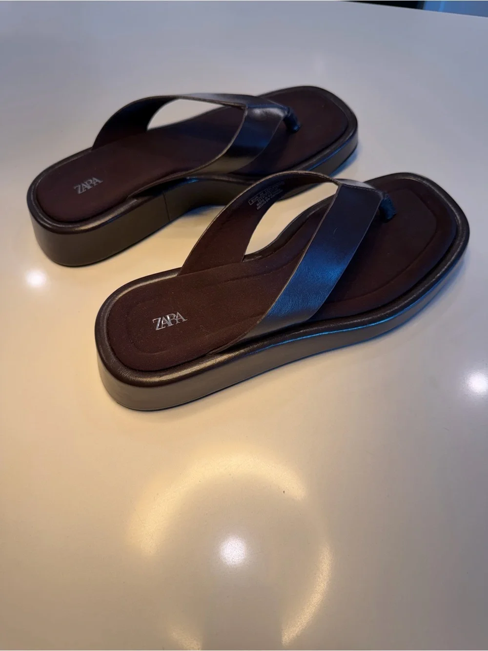 Zara Black Leather Thong Platform Sandals with Brown Footbed